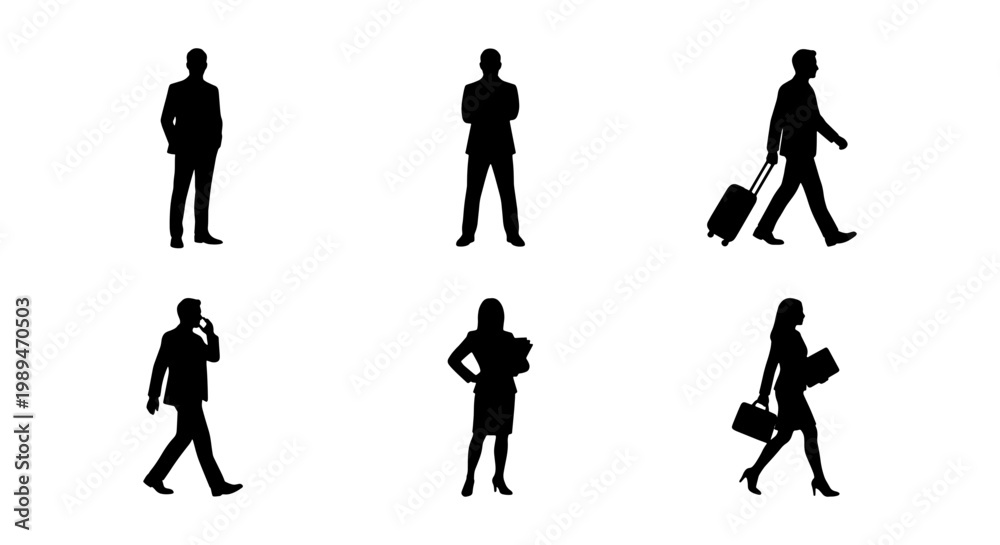 Fototapeta premium Business people silhouettes walking and standing, Set of male and female business silhouettes standing, walking, carrying luggage, and using phones for corporate commuting concepts.