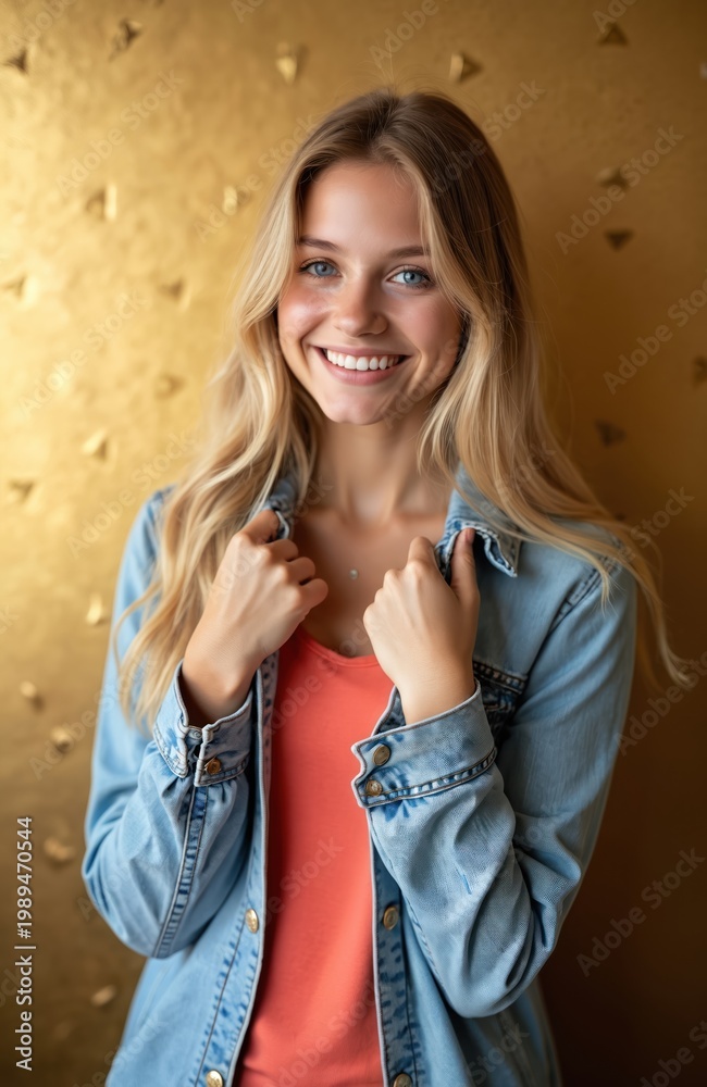 Fototapeta premium Young blonde woman smiles, wearing a denim jacket over an orange top. She stands against a textured gold background. Her casual style suits lifestyle or portrait themes.