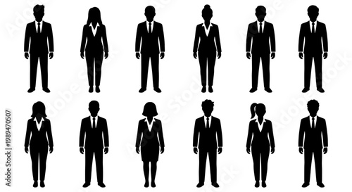 Business team silhouettes in formal suits, Set of male and female business silhouettes standing in formal clothing for corporate teams, staff, workforce, and office concepts.