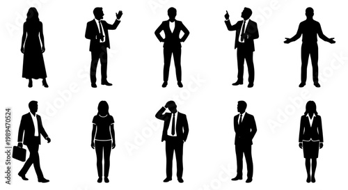 Business people silhouettes with professional gestures, Set of male and female business silhouettes standing, walking, gesturing, and using phones for corporate workplace concepts.