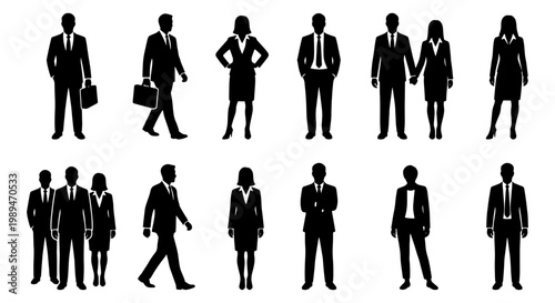 Business people silhouettes in corporate poses, Set of male and female business silhouettes standing, walking, posing, and grouping for corporate workplace and team concepts.