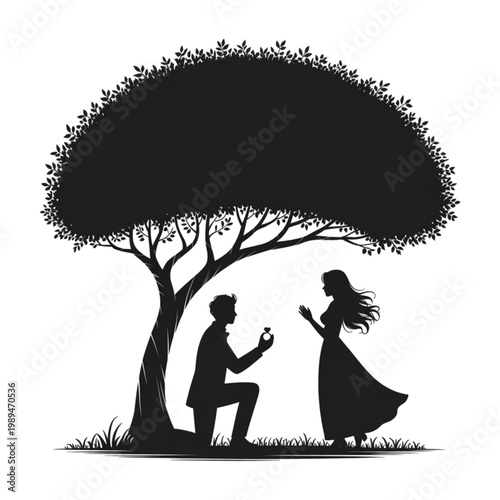 Man proposing to woman silhouette under a large tree for engagement and romantic marriage vector illustration