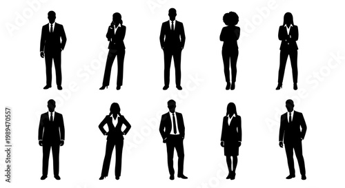 Business people silhouettes in formal office poses, Set of male and female business silhouettes standing confidently for corporate teams, office staff, leadership, and workplace identity concepts.