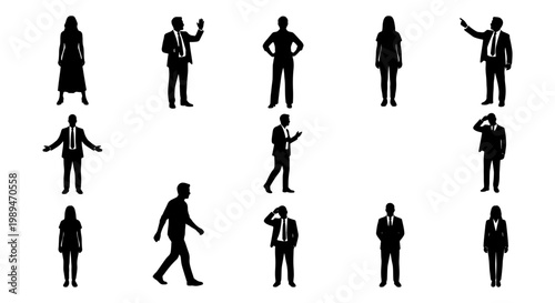 Business people silhouettes standing and walking, Set of male and female business silhouettes gesturing, walking, standing, and using phones for corporate workplace concepts.