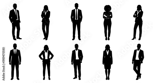 Business people silhouettes in formal office poses, Set of male and female business silhouettes standing confidently for corporate teams, office staff, and professional workplace concepts.