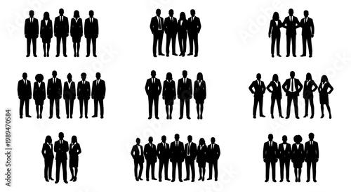 Business team groups silhouettes collection, Set of business people group silhouettes for corporate teams, teamwork, office staff, leadership, and workforce concept designs.
