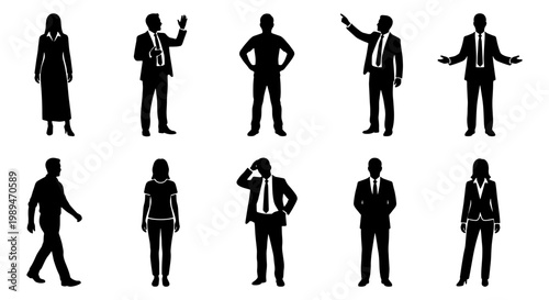 Business people silhouettes with office gestures, Set of male and female business silhouettes standing, walking, gesturing, and posing for corporate workplace concepts.
