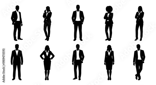 Business people silhouettes in formal office poses, Set of male and female business silhouettes standing confidently for corporate teams, office staff, and workplace identity concepts.