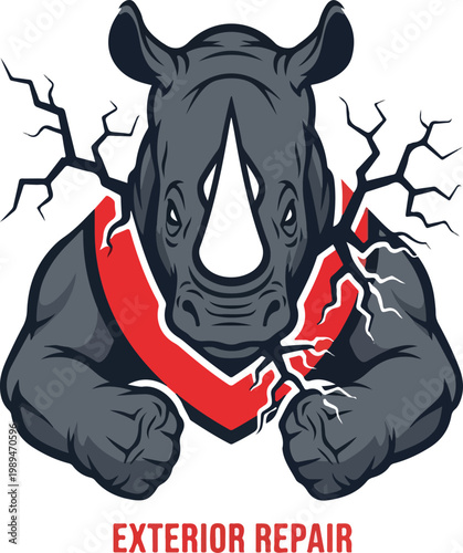 Aggressive rhino mascot design for exterior repair and construction business logo.