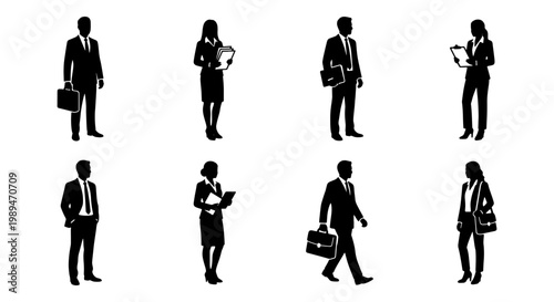 Business people silhouettes with bags and devices, Set of male and female business silhouettes standing, walking, carrying bags, and using devices for corporate workplace concepts.