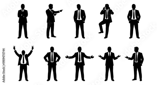 Business men silhouettes showing professional gestures Set of male business silhouettes gesturing, presenting, celebrating, and standing confidently for corporate communication and leadership concepts