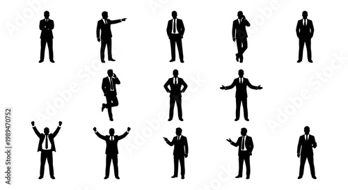 Business people silhouette pose icon set, Black silhouette icons of business people in standing, pointing, walking, and celebrating poses, representing corporate work, leadership, teamwork, and succes