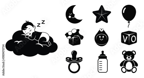 Sleeping baby on a cloud with baby related icons in black and white