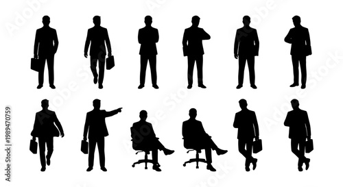 Businessmen silhouette office action icon set, Black silhouette icons of businessmen in standing, walking, pointing, and seated poses, representing corporate work, leadership, professionalism, and off