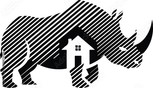 Abstract rhino logo design with a negative space house icon.