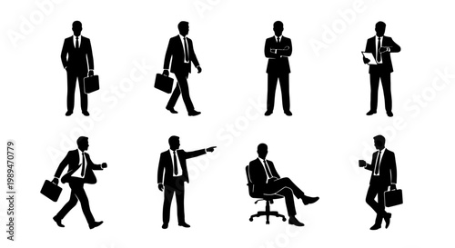 Businessmen silhouette office pose icon set, Black silhouette icons of businessmen in standing, walking, pointing, and seated poses, representing corporate work, professionalism, leadership, and offic