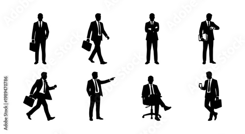 Businessmen silhouette office pose icon set, Black silhouette icons of businessmen in standing, walking, pointing, and sitting poses, representing corporate work, professionalism, and office lifestyle