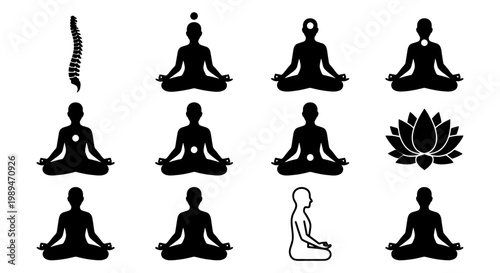 Meditation yoga silhouette icon set, Black silhouette icons of meditating people, yoga poses, lotus symbol, and chakra elements, representing mindfulness, wellness, balance, and spiritual practice.