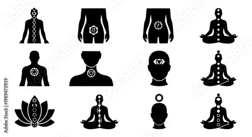 Chakra healing and meditation silhouette icons, Black silhouette icons of meditating figures, chakra points, lotus symbols, and spiritual wellness graphics representing yoga, healing, and mindfulness.