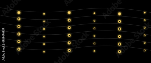 Glowing yellow dots on black background with wavy lines in futuristic neon lighting for technology and music festival promotions