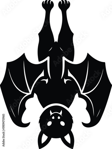 Silhouette of a bat hanging upside down isolated on white background.