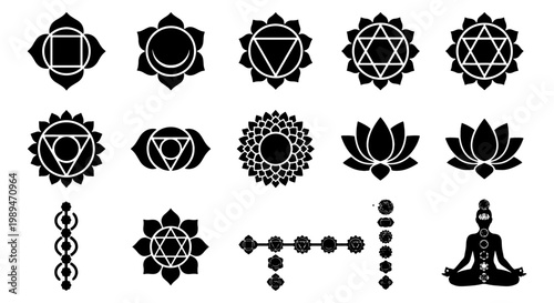 Chakra symbols and lotus meditation icons, Black silhouette icons of chakra emblems, lotus flowers, meditative symbols, and a seated yogi, representing spirituality, balance, healing, and mindfulness.