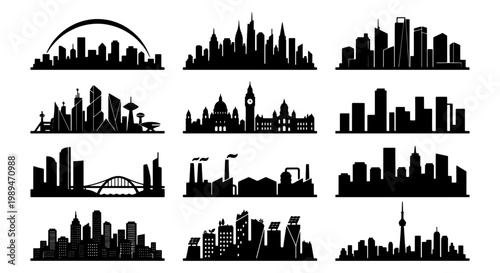 Modern city skyline silhouette icon set, Black silhouette icons of urban skylines and city landmarks, showing modern architecture, downtown districts, metropolitan views, and skyline design concepts.