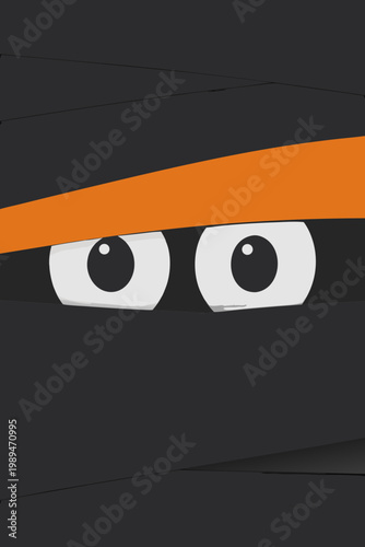 A playful cartoon mummy face peers out from dark bandages