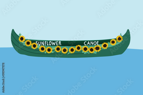 A green canoe decorated with sunflowers floats on a blue background