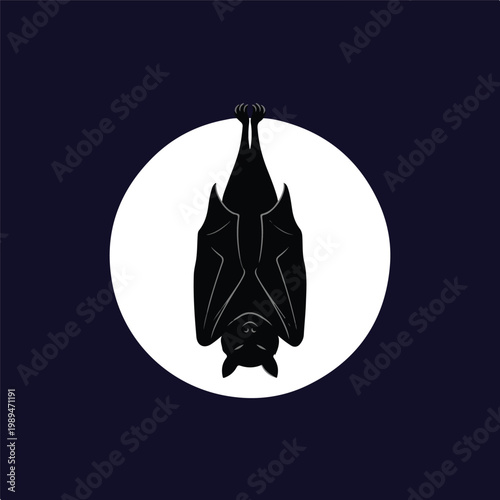Silhouette of a bat hanging upside down against a full moon.