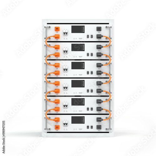 3D render of a lithium energy storage system in a server rack. Industrial battery modules with cables isolated on a white background. Renewable energy, BESS, and smart grid technology concept