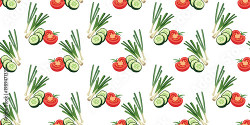 clean food repeat background with tomato cucumber slices and green onion