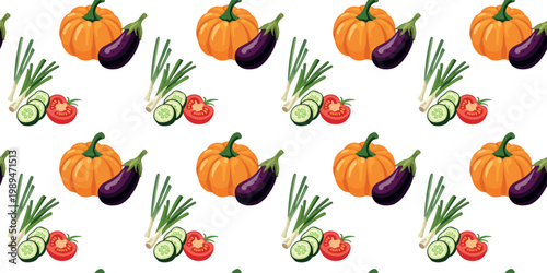 pumpkin eggplant tomato cucumber green onion seamless pattern