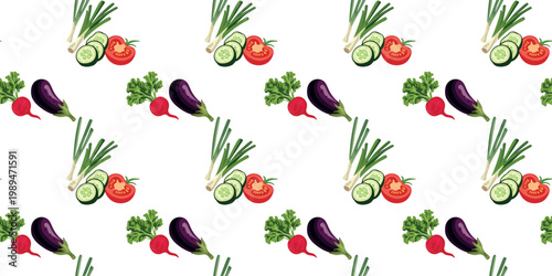 fresh garden vegetable mix repeat background radish eggplant cucumber tomato scallion
