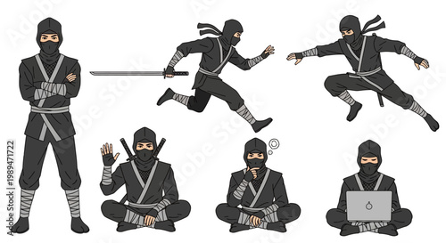 Ninja Poses Collection Diverse Actions And Activities.