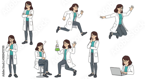 Set of Illustrations Depicting a Female Scientist in Various Poses.