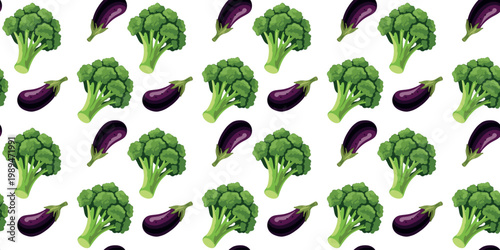 fresh green and purple veggie repeat background broccoli eggplant
