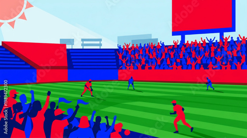 Baseball players in action on a vibrant stadium field.