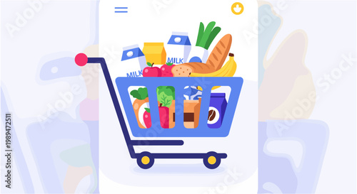A shopping cart filled with various grocery items