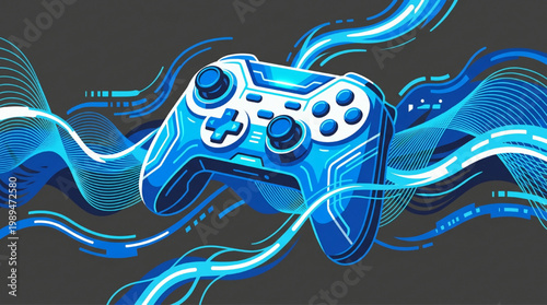 Futuristic Blue Gaming Controller with Digital Energy Waves.