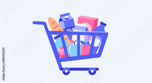 Shopping cart filled with various grocery items