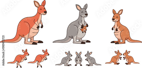 Collection of Kangaroo and Joey Designs, Featuring Different Poses, Fur Colors, and Family Interactions