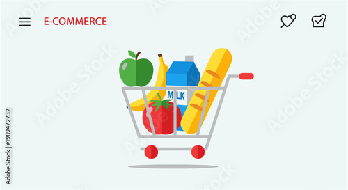 Shopping cart filled with fresh groceries