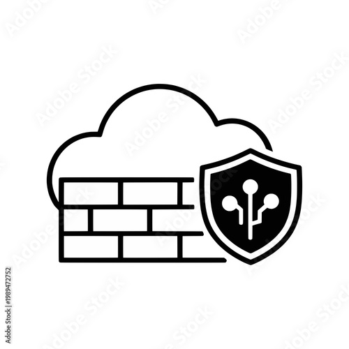 Cloud firewall and network security icon. Vector illustration of a brick wall with shield for cloud computing protection, data safety, and cyber defense.