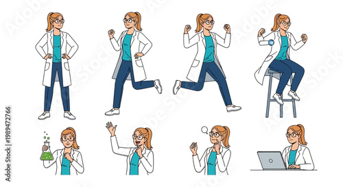 Collection of Scientist Poses and Actions in Lab Coat.