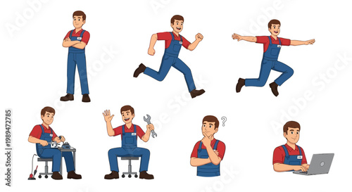 Mechanic Character Set Diverse Poses And Actions.