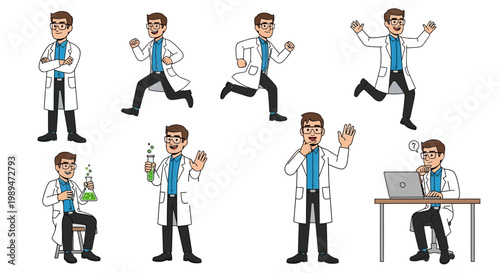 Scientist Character Set Diverse Poses And Actions.