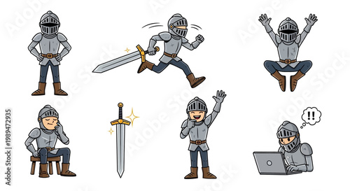 Knight character set with various actions and emotions.
