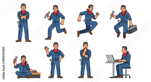 Mechanic character set in various poses and actions.