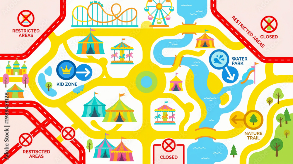 Obraz premium Amusement Park Map with Attractions and Zones.